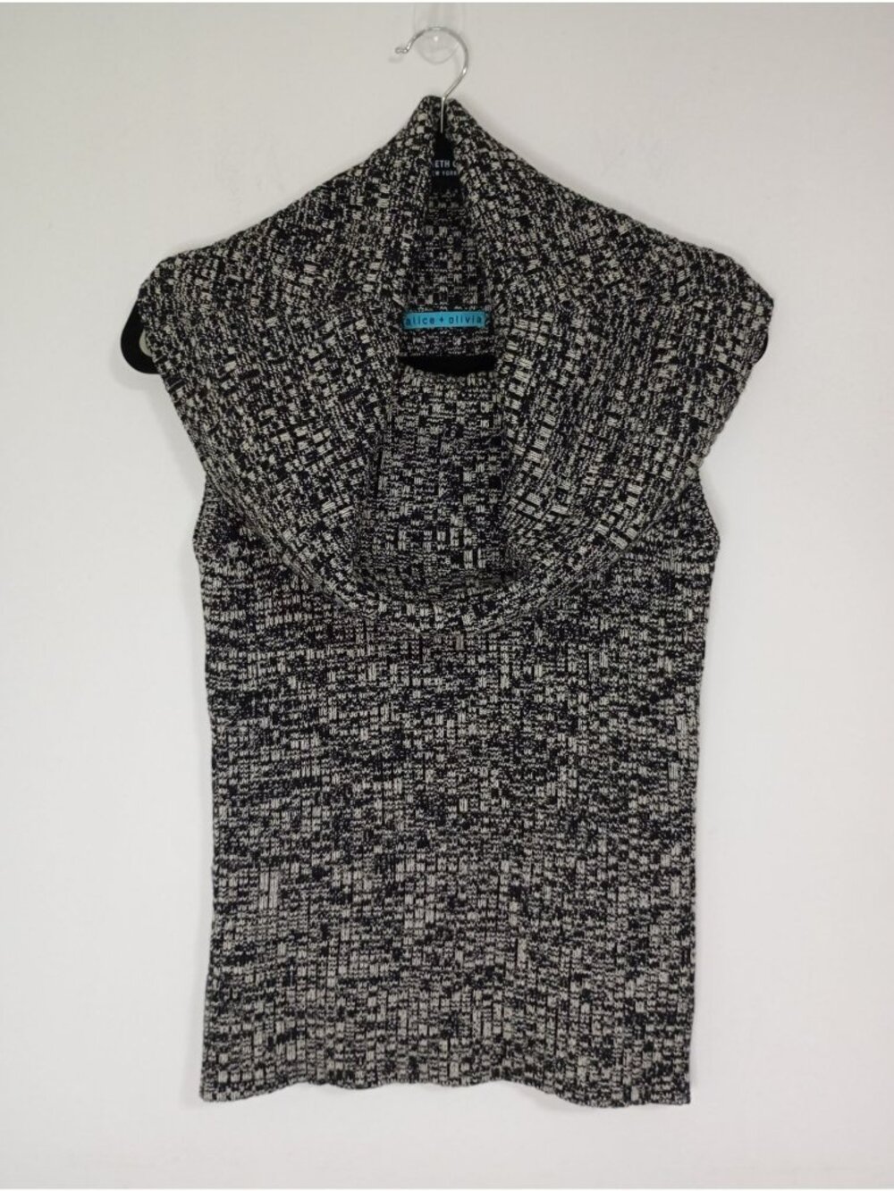Alice + Olivia Sweater Top Cowl Neck Silk-Cashmere Blend Black White Sleeveless